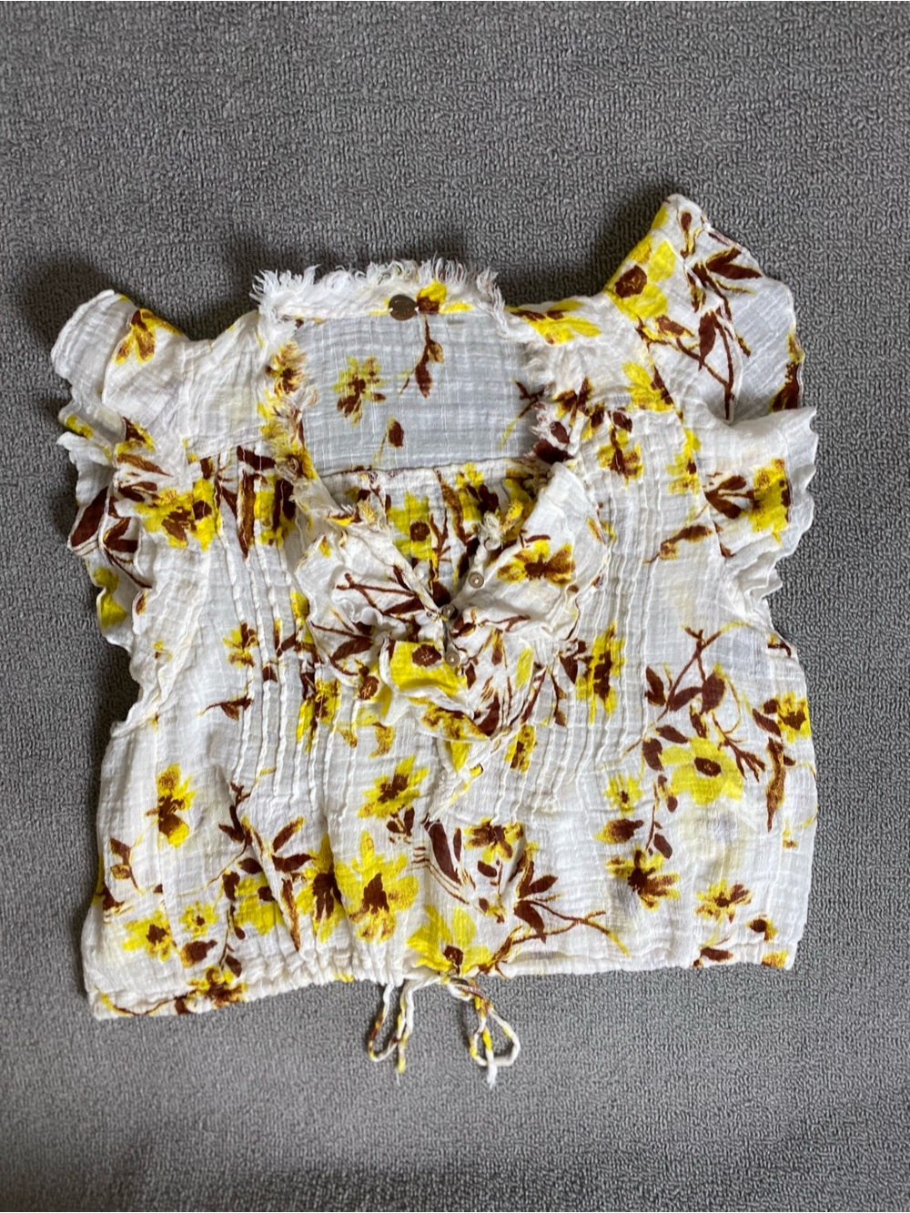 Free People White Floral Smocked Relaxed Fit Flowy Crop Top Ruffle